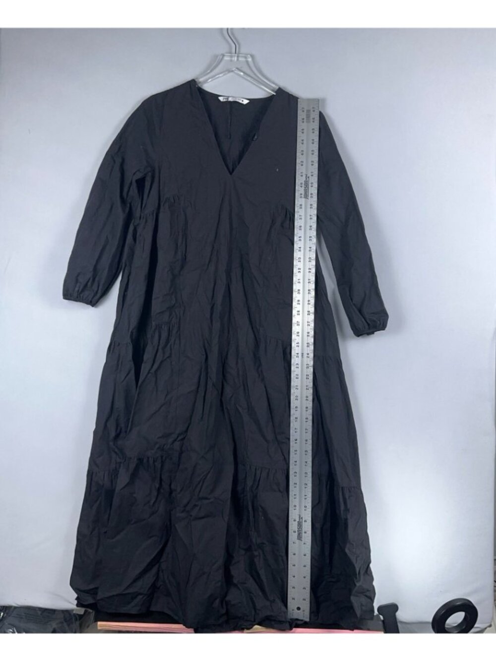 Zara Tiered Maxi Dress Size Small Black 100% Cotton Long Sleeve V Neck - Picture 10 of 14